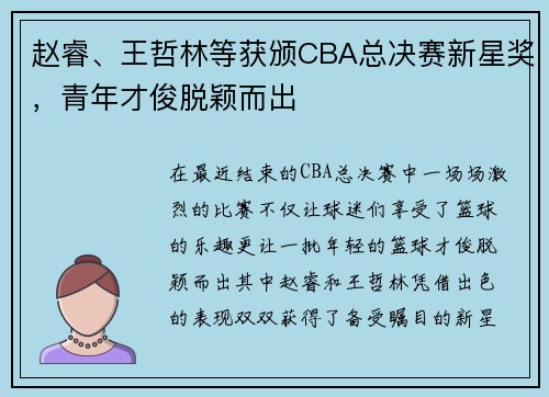 赵睿、王哲林等获颁CBA总决赛新星奖，青年才俊脱颖而出